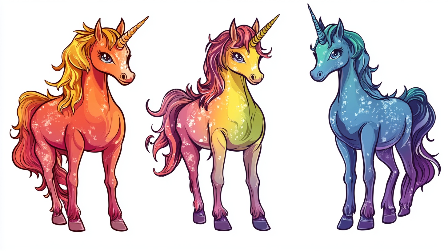 三只梦幻独角兽插画