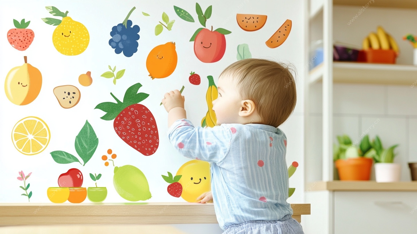 宝宝与多彩水果墙贴互动