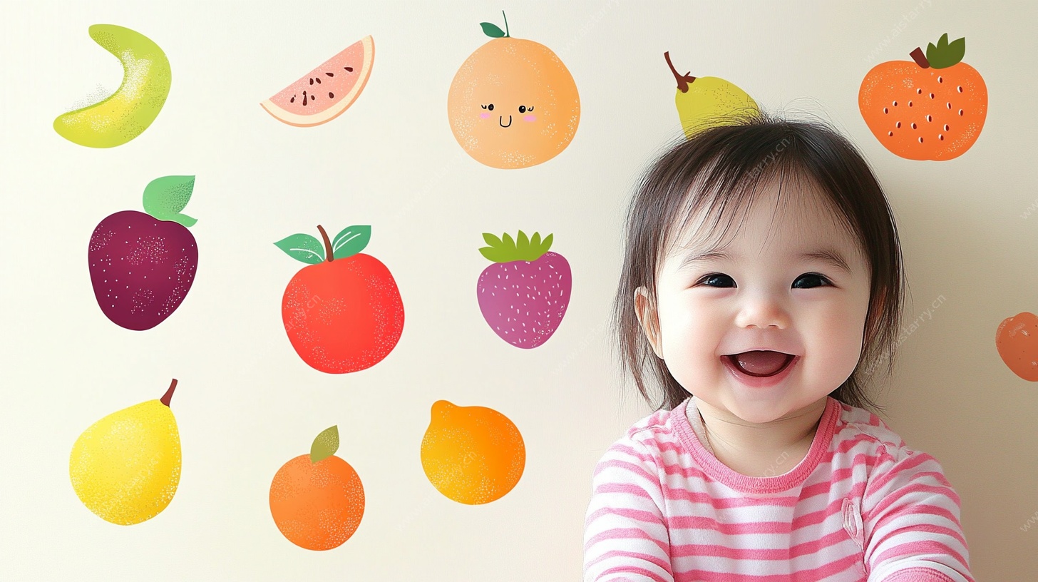 可爱萌娃与卡通水果墙贴