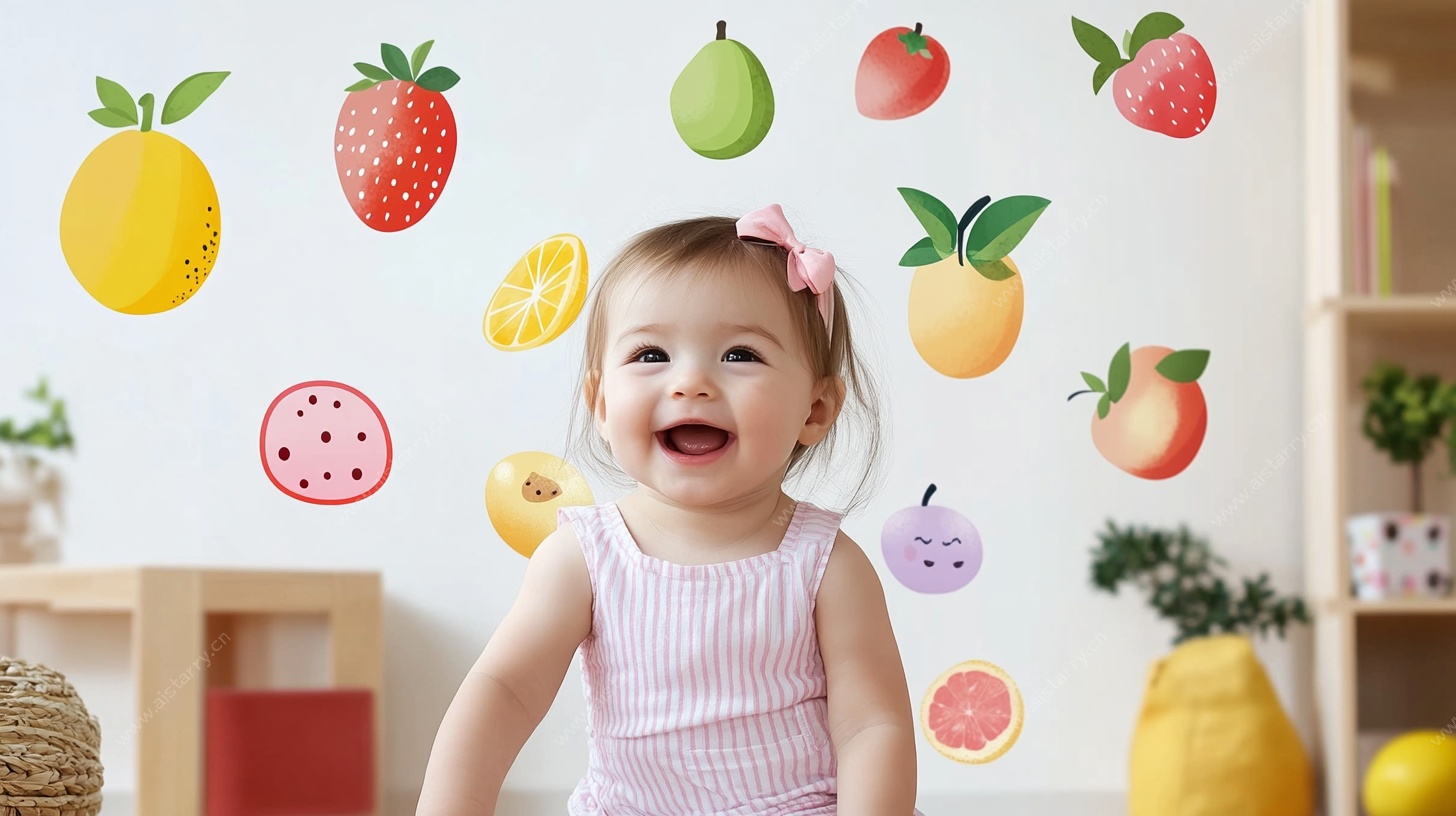 萌娃与多彩水果墙贴场景