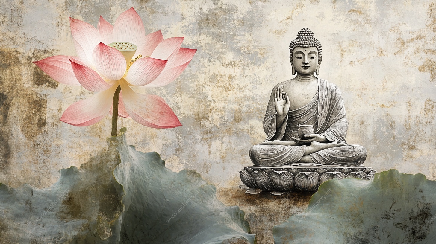 佛像伴莲花 禅意图景