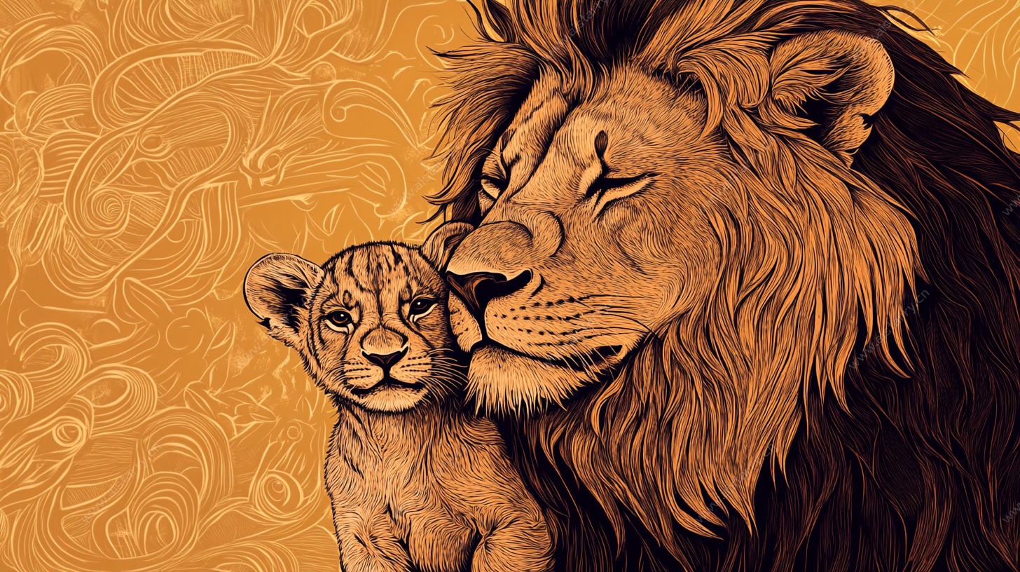 狮父子温馨依偎画面