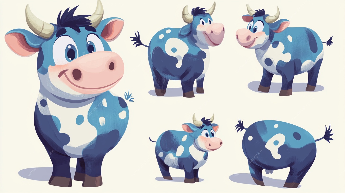 可爱蓝斑小牛多视角插画