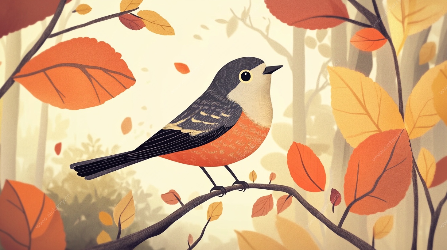 秋日枝头小鸟插画