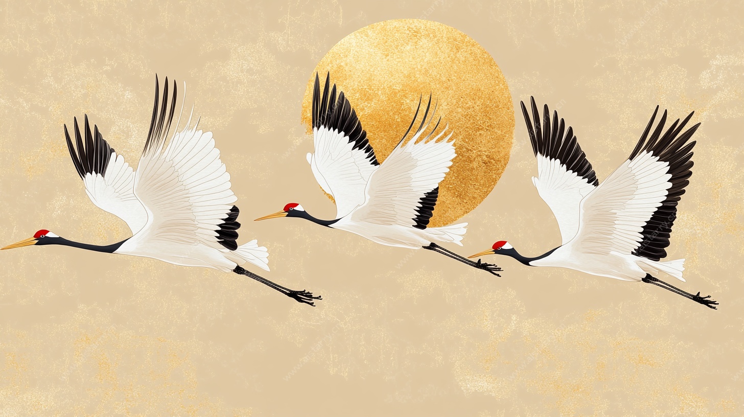 丹顶鹤朝阳齐飞图