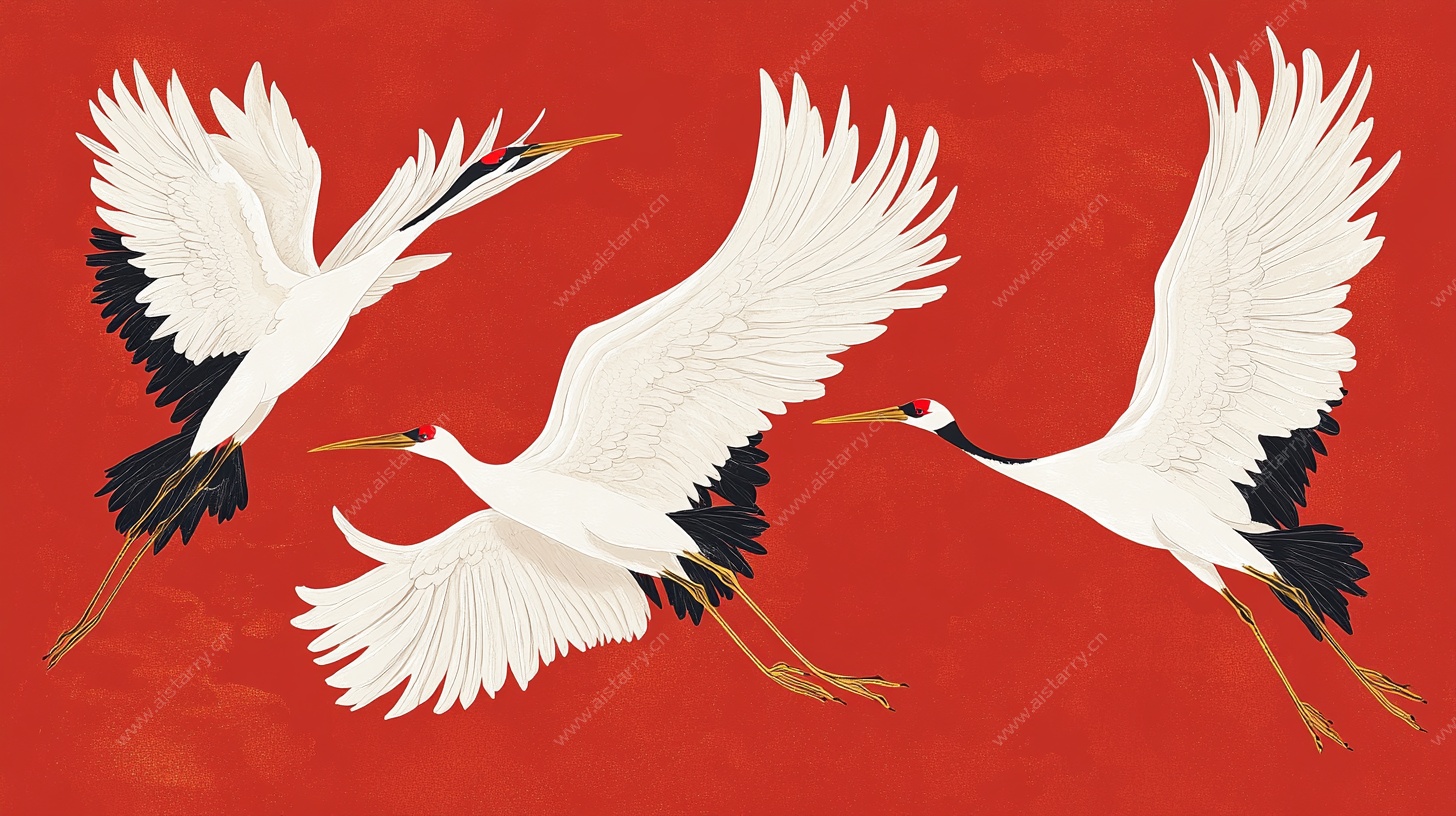 红底三仙鹤飞舞图