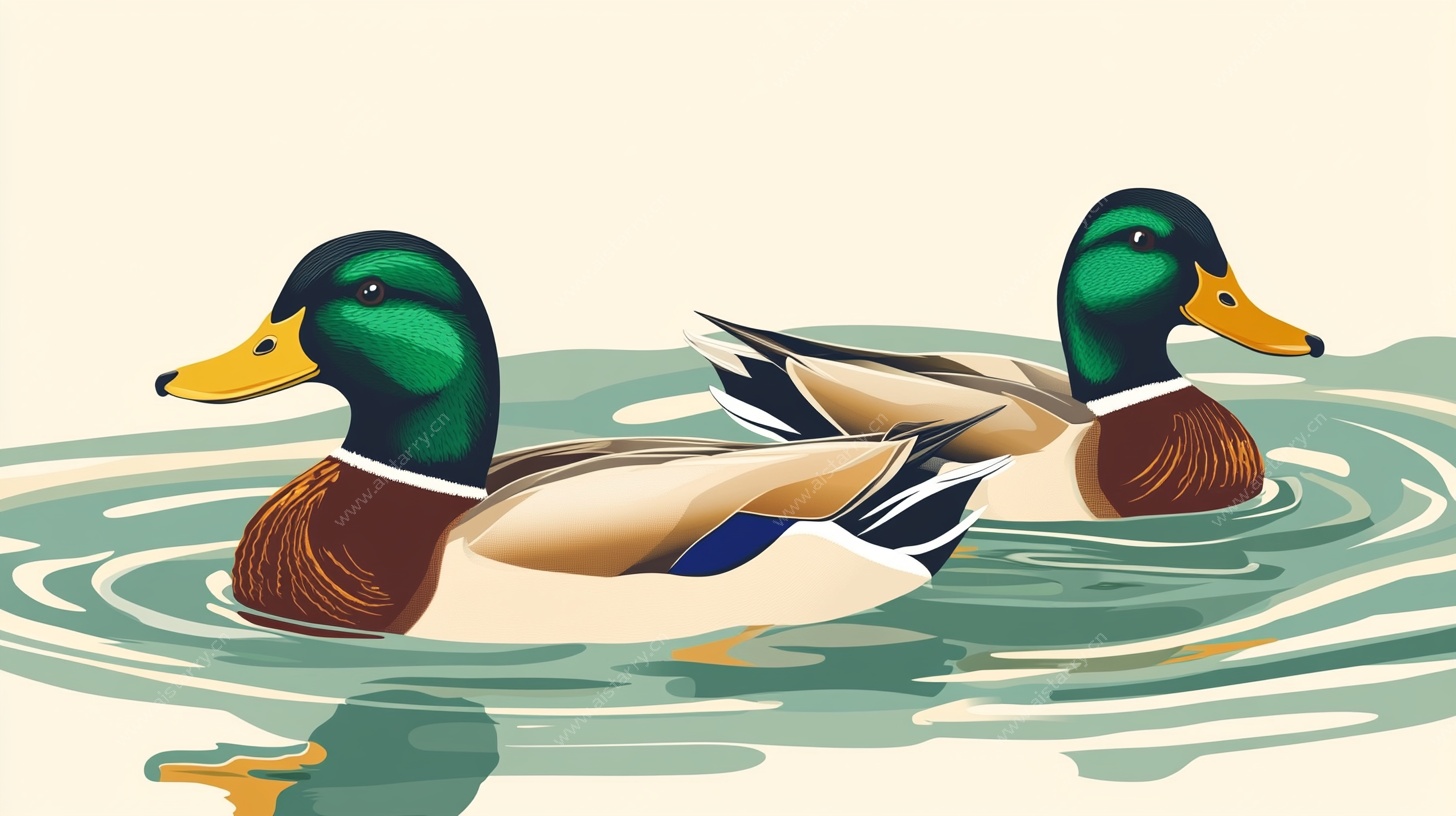 两只绿头鸭水中悠游图