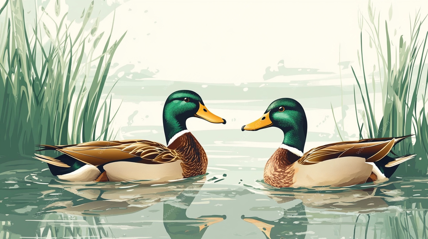 湖面双鸭悠游图