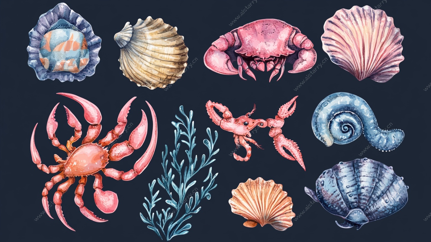 水彩海洋生物与贝壳集合