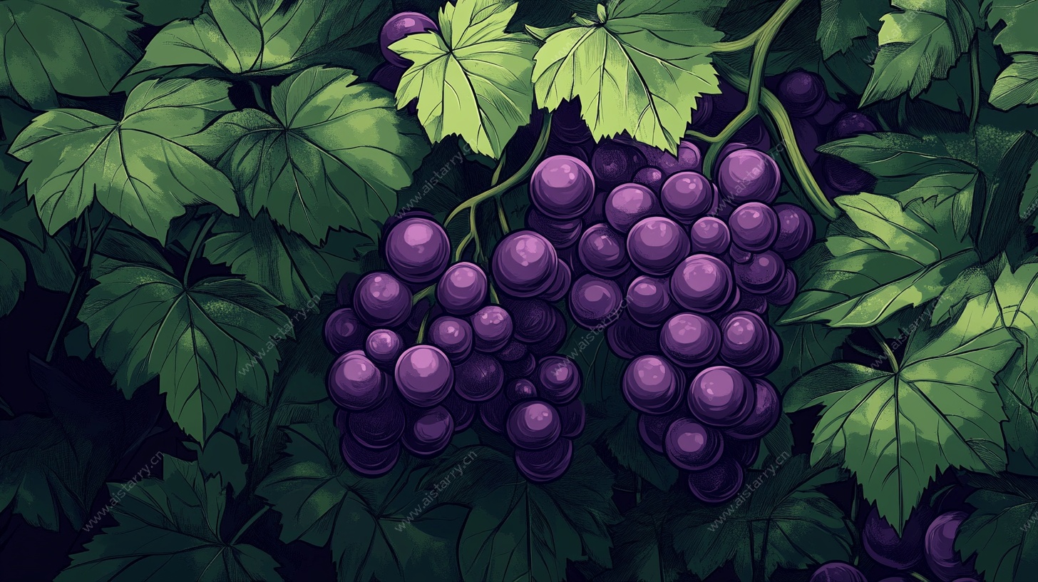 紫葡萄与绿叶插画