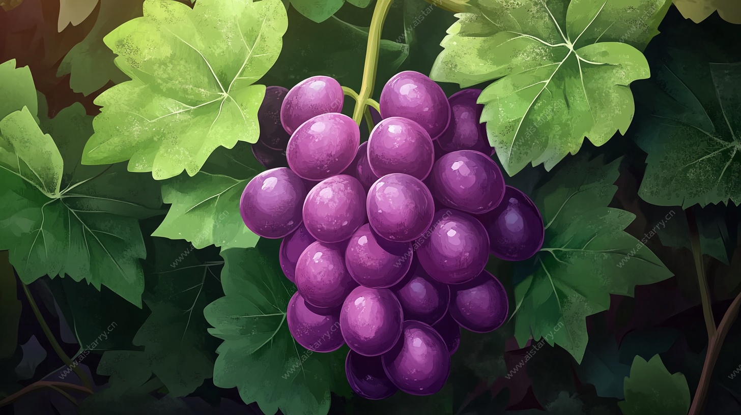 紫葡萄与绿叶插画作品