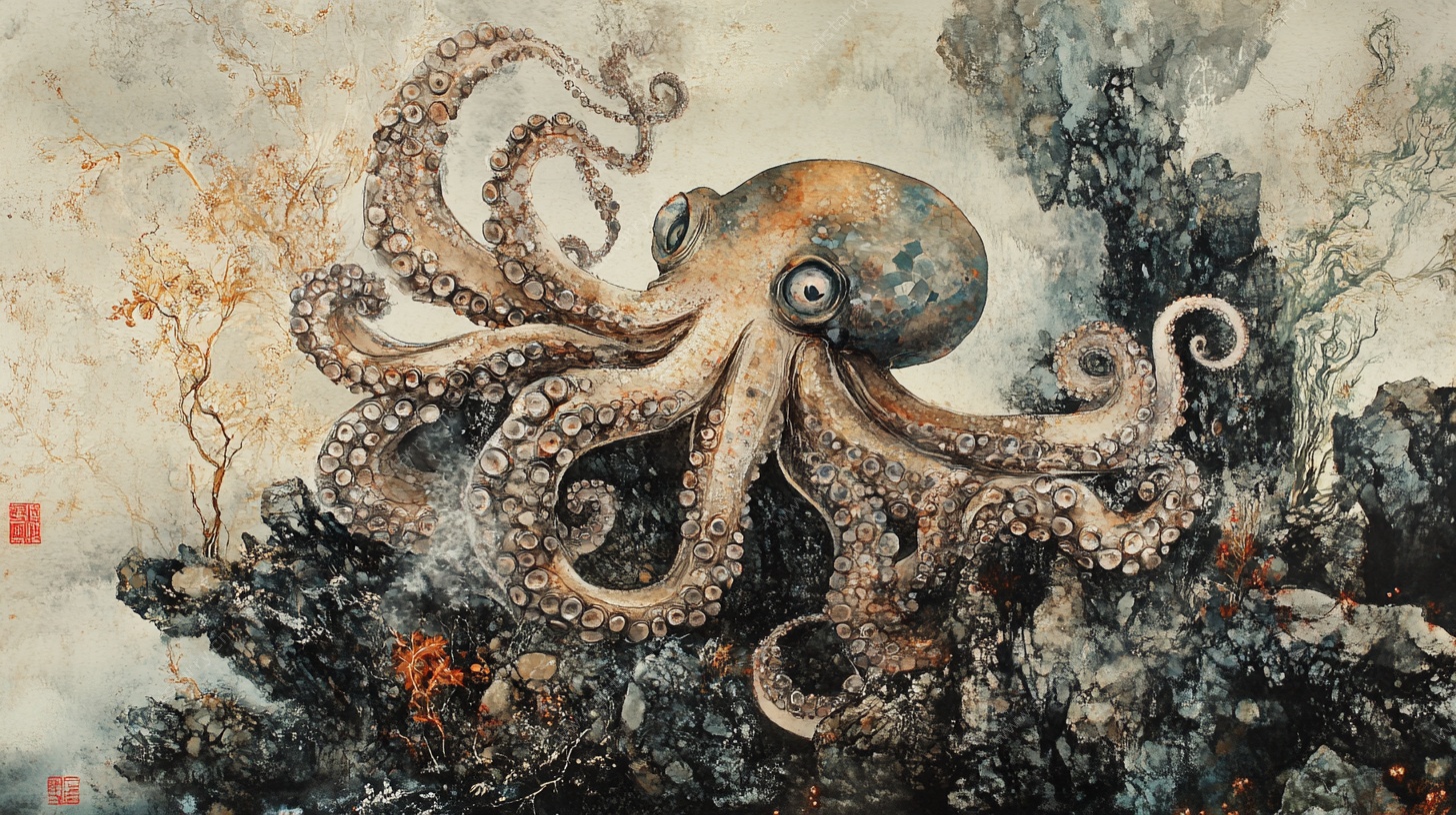 水墨章鱼绘 海洋艺术风