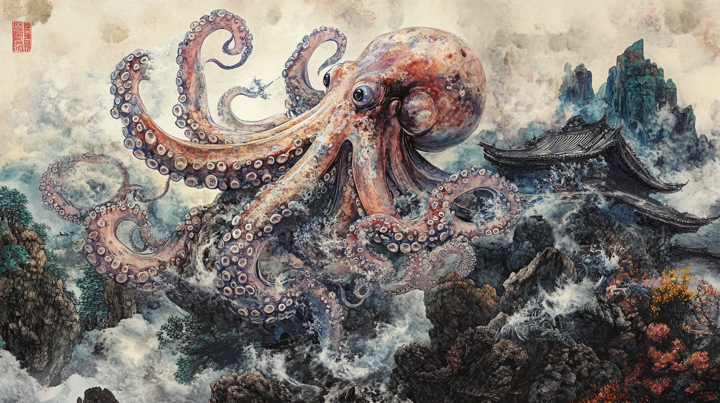 水墨章鱼闯中式山水图景