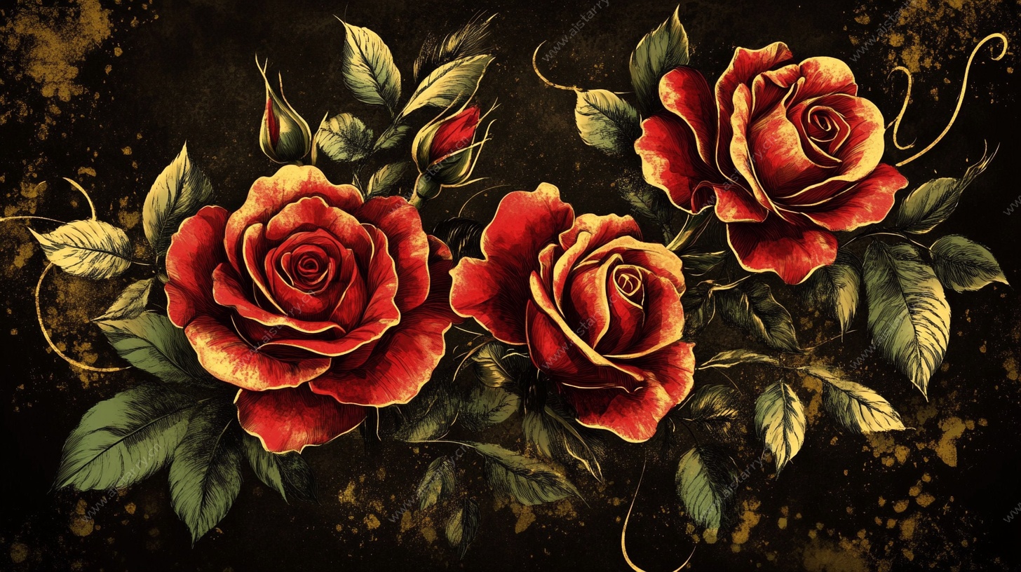 复古风格红玫瑰插画