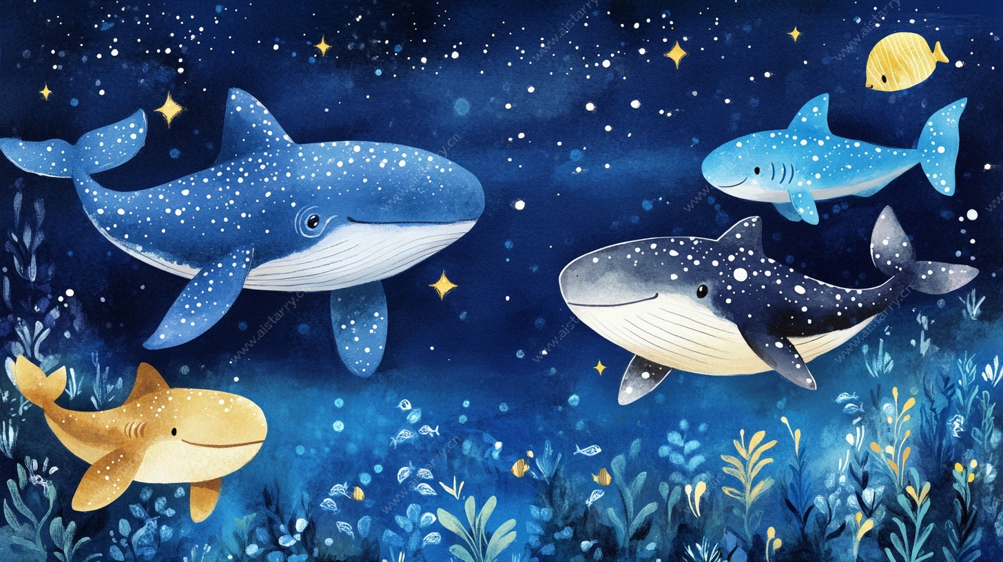 梦幻海底鲸鱼群插画