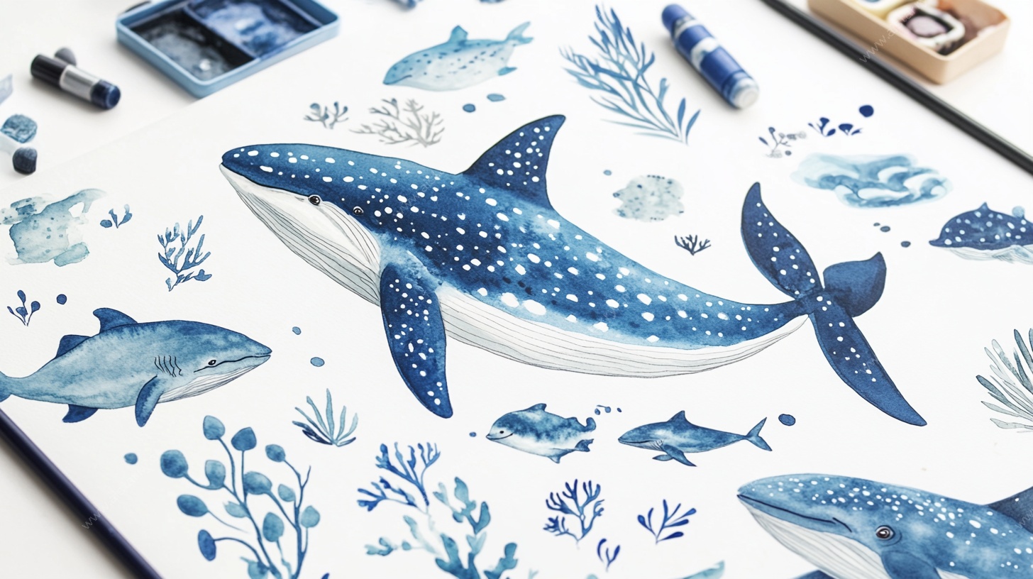 蓝调海洋生物水彩插画