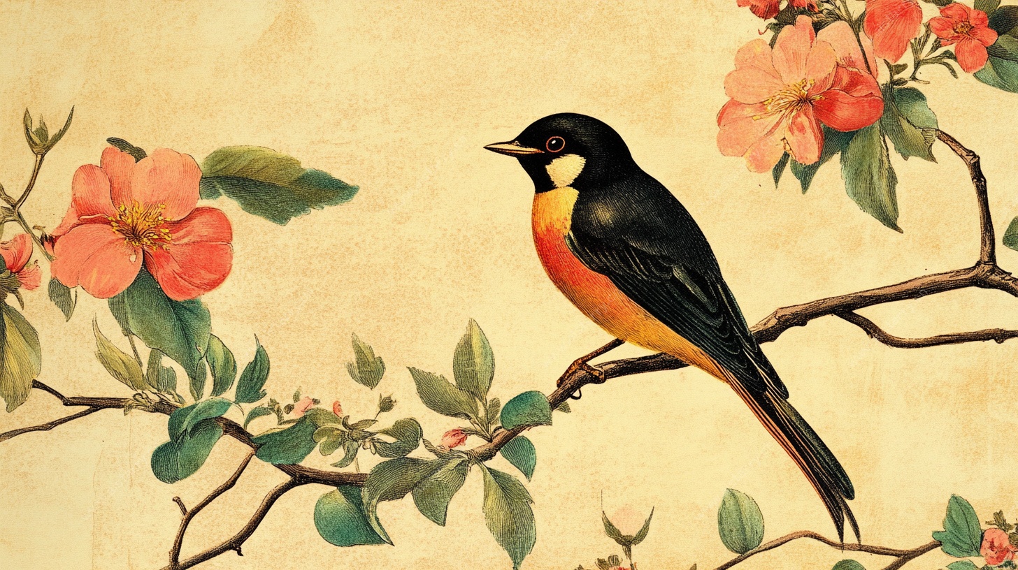 枝头栖鸟花卉图