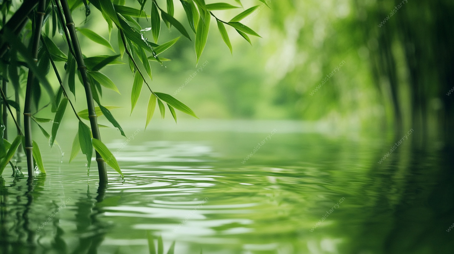 翠绿竹叶倒映宁静水面