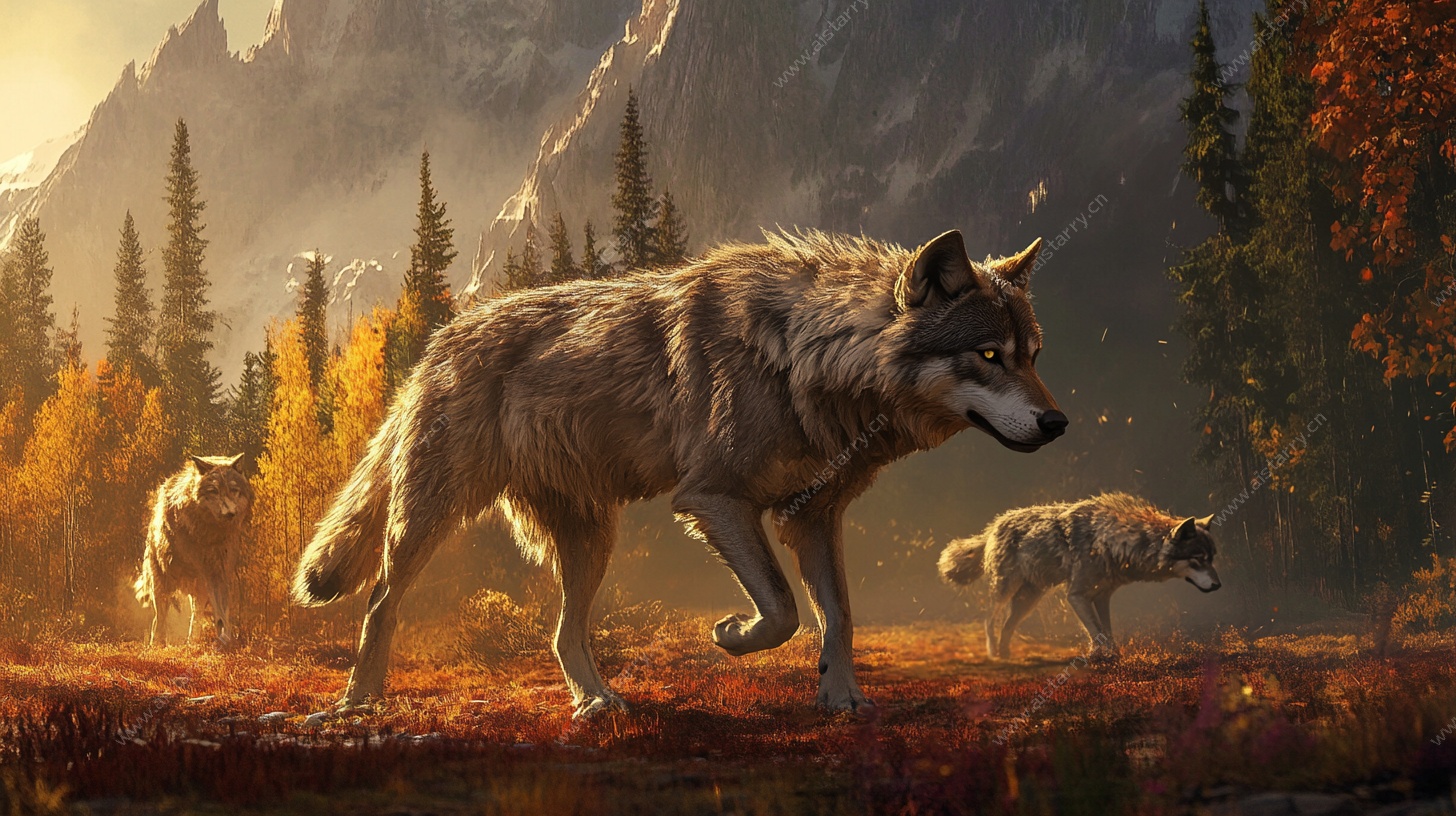 秋日群狼漫步山林图景