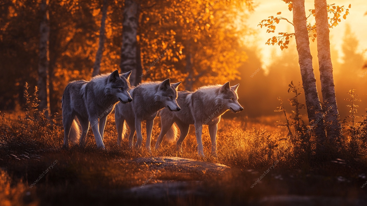 黄昏下的狼群漫步