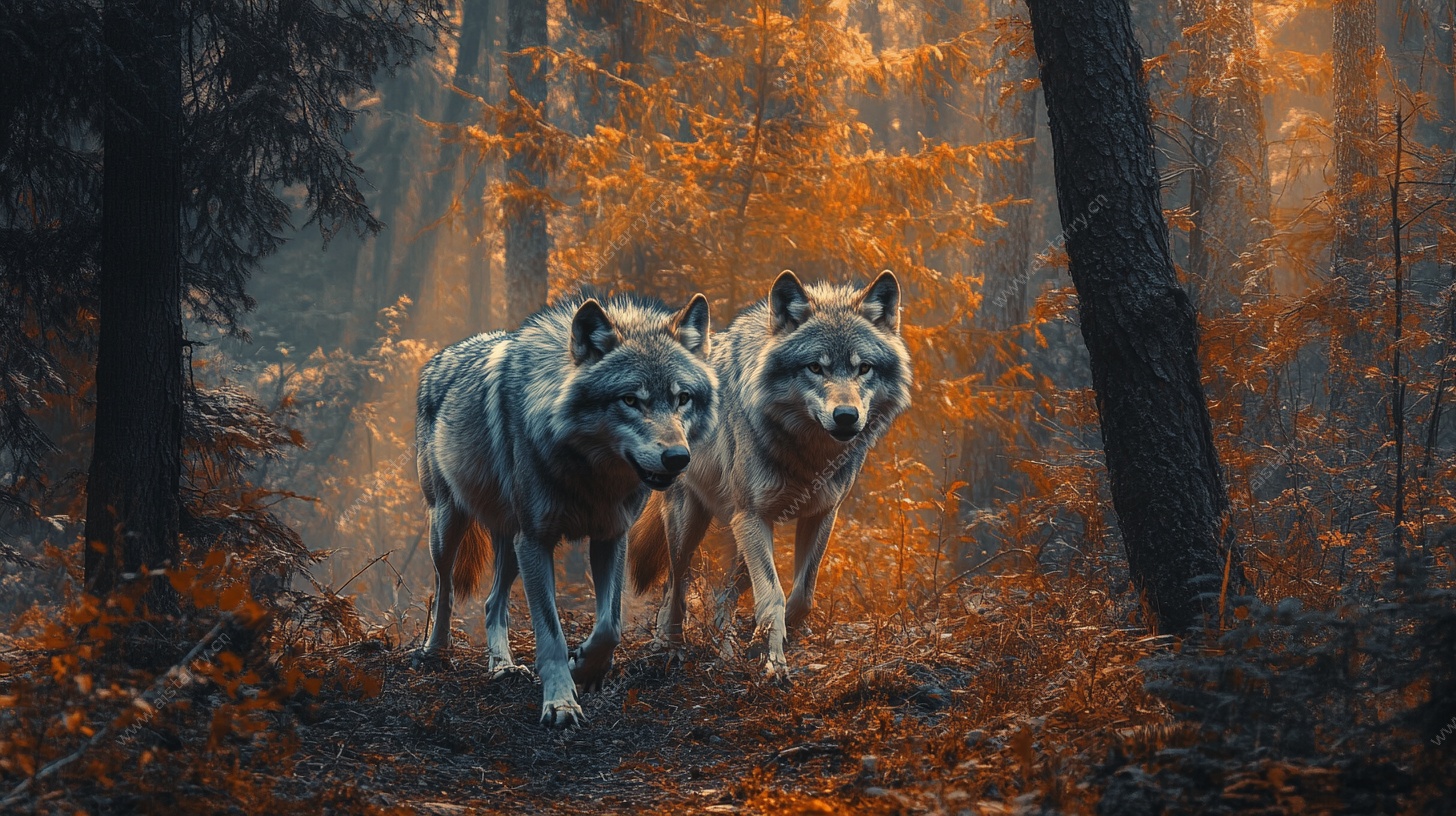 森林双狼 光影下的野性之美