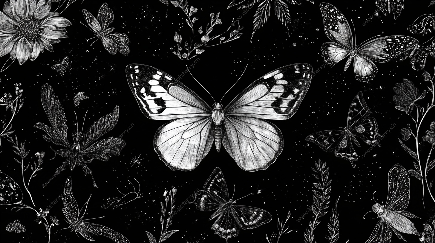 黑白蝶舞花卉插画