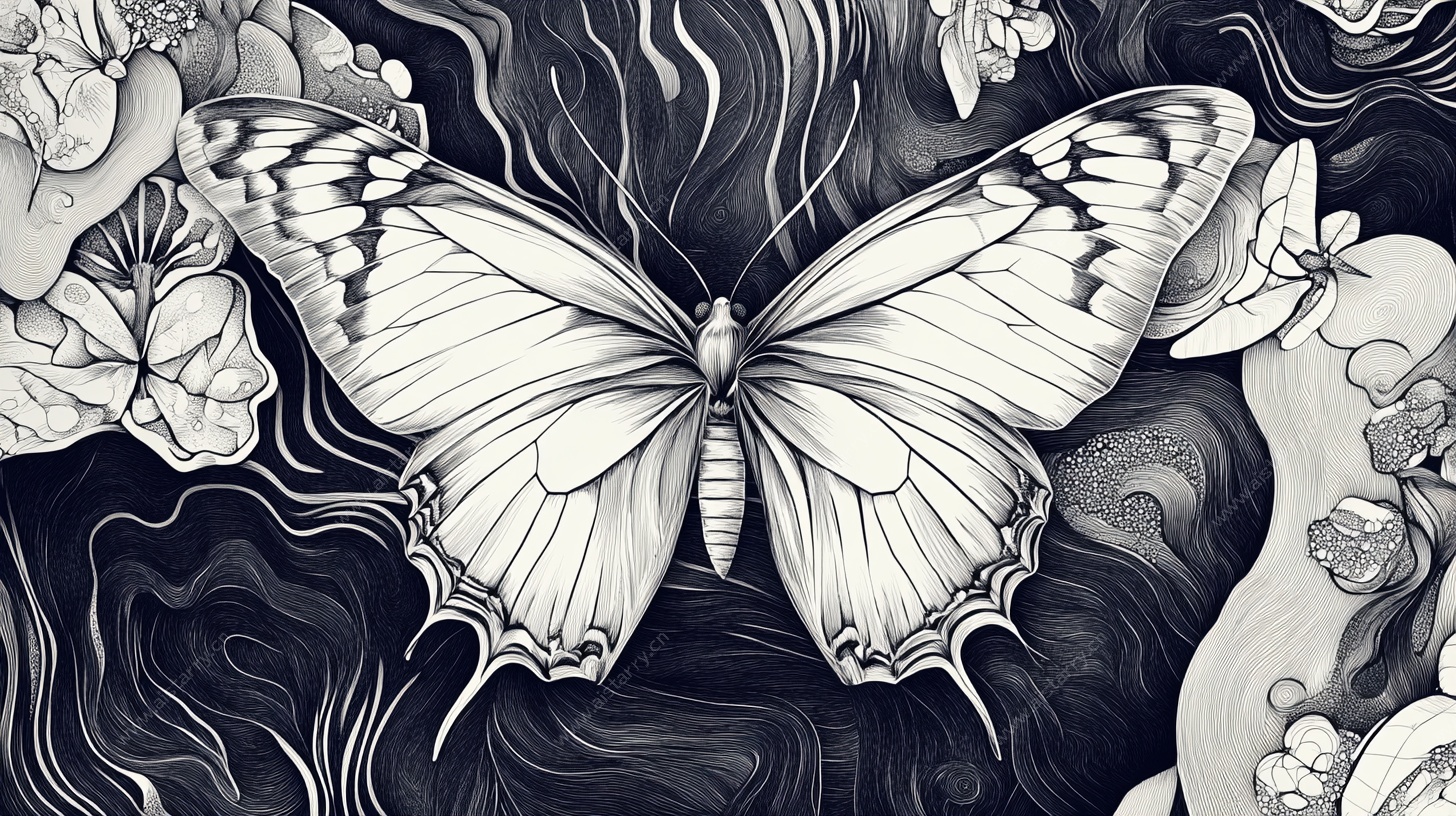 黑白蝴蝶花卉插画