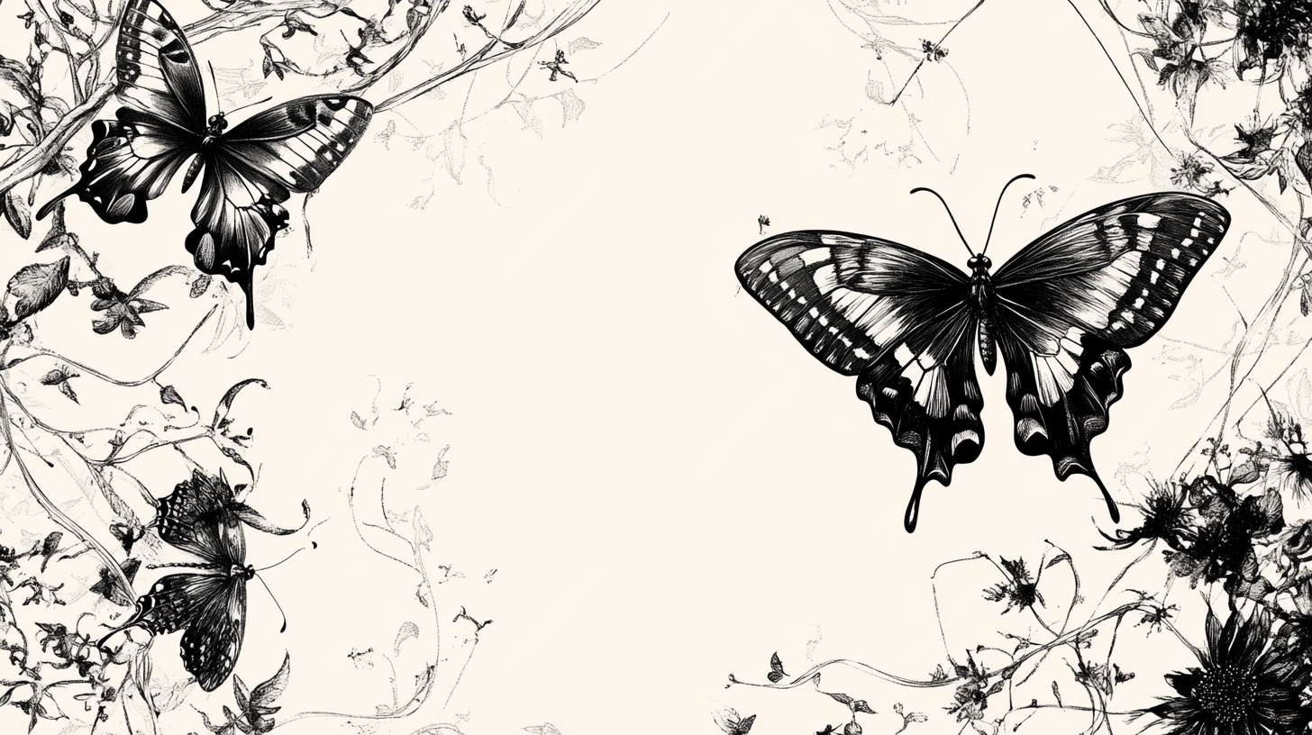 黑白蝴蝶花卉装饰画