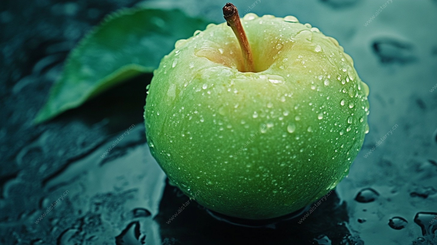 带水珠的青苹果特写