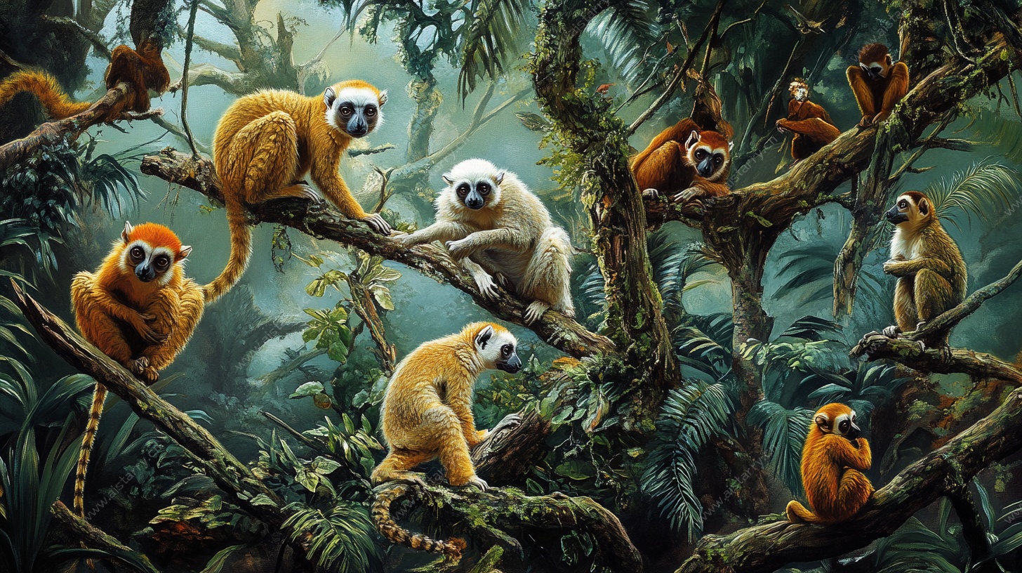 丛林中的多彩狐猴群像