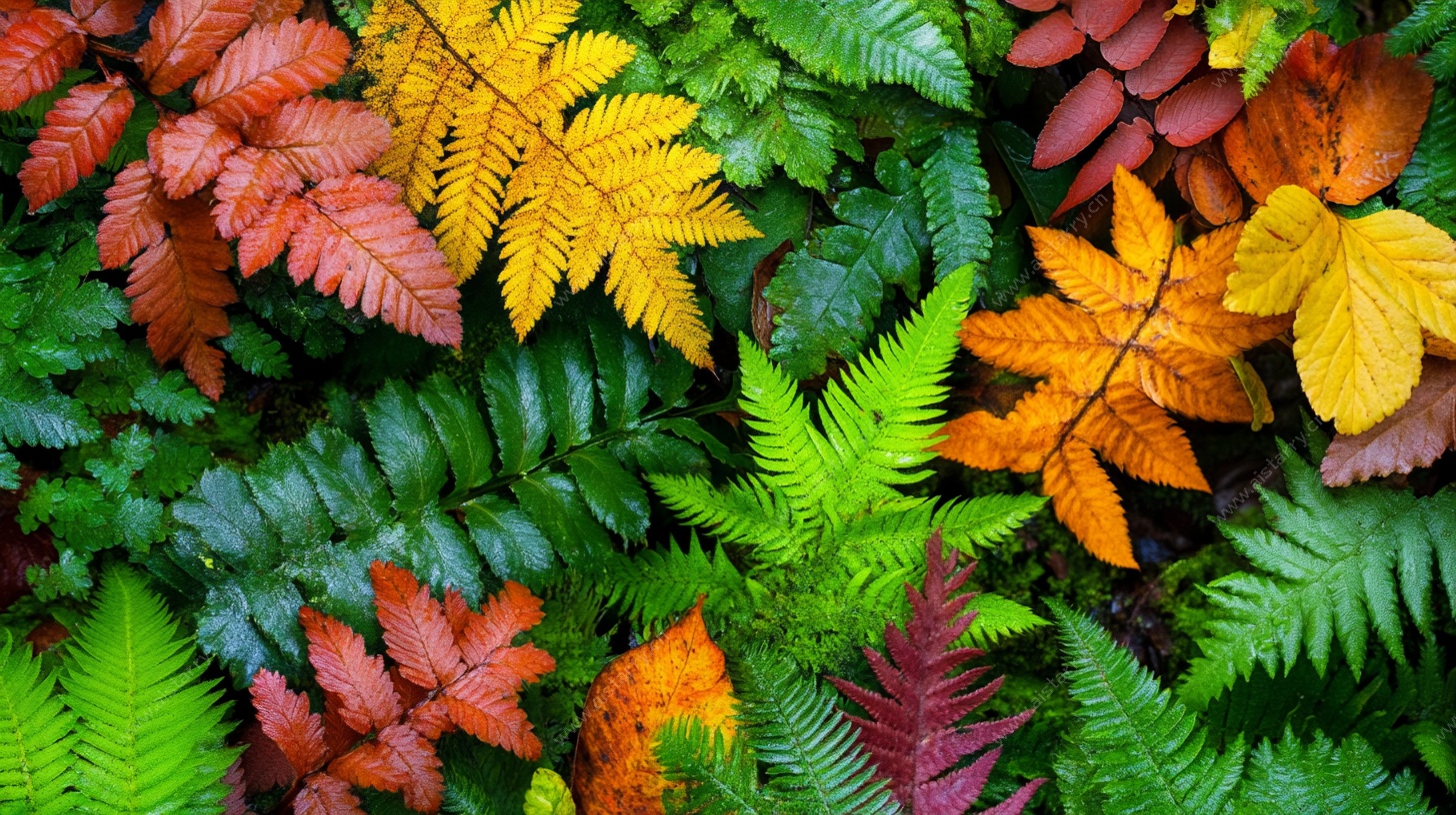 多彩秋叶与蕨类植物景观