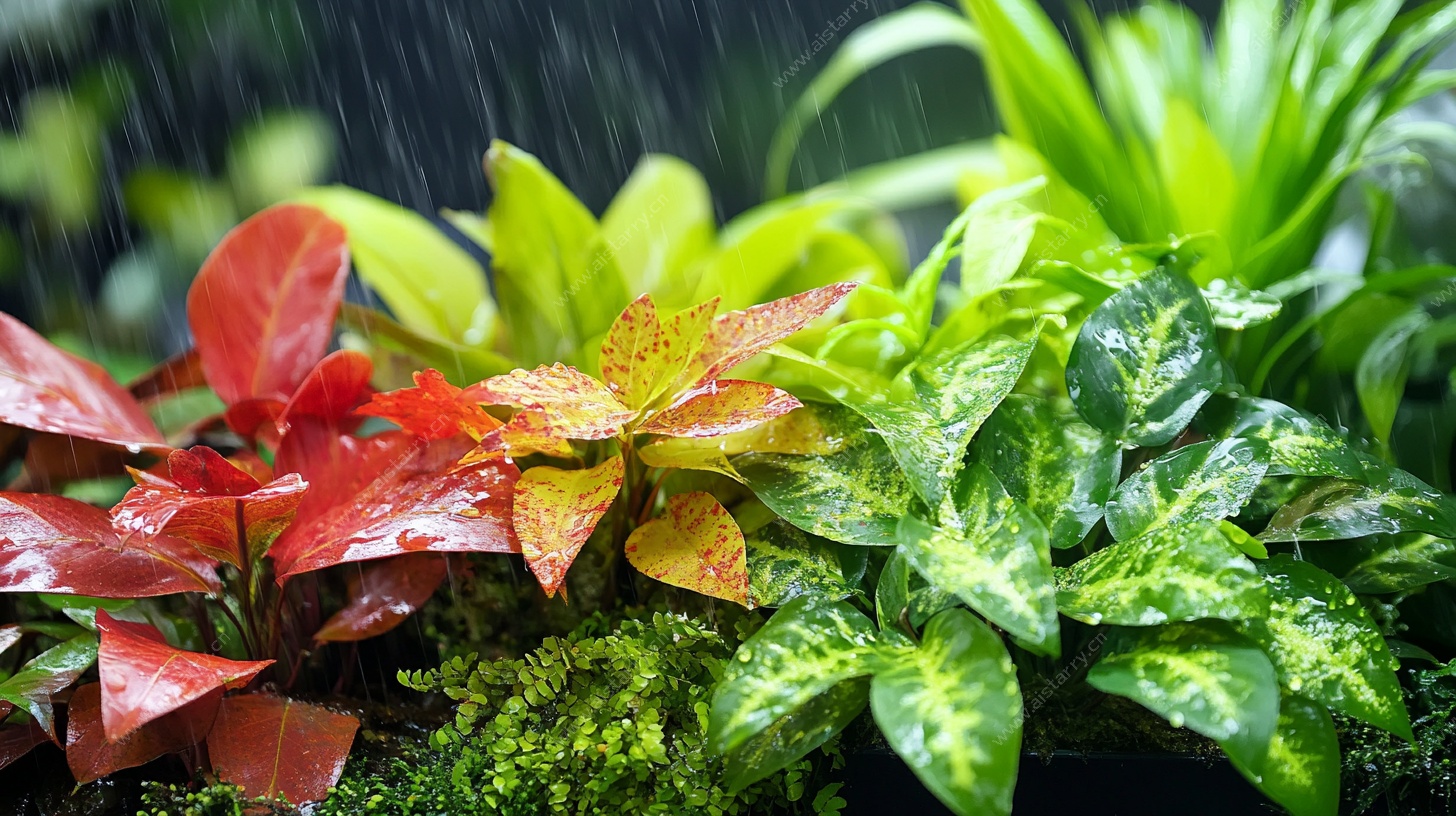 雨中多彩绿植微观景致