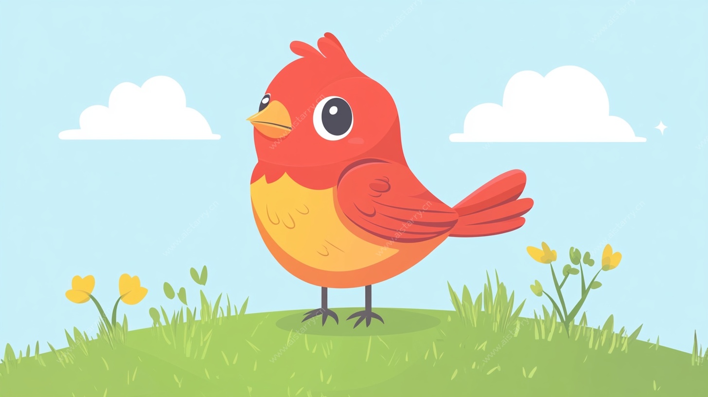 草地上的可爱红鸟