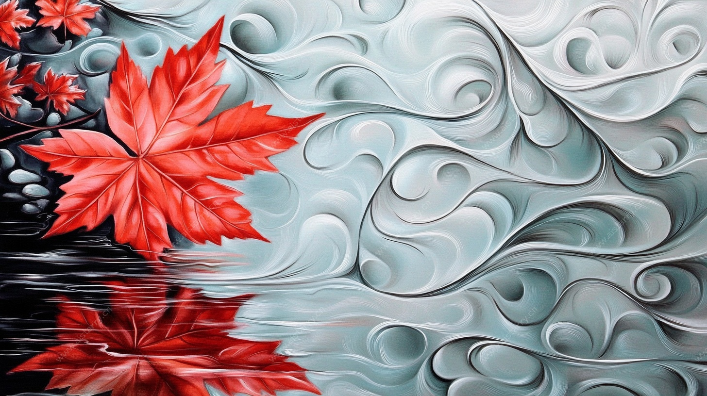 红枫叶与水波浮雕艺术图