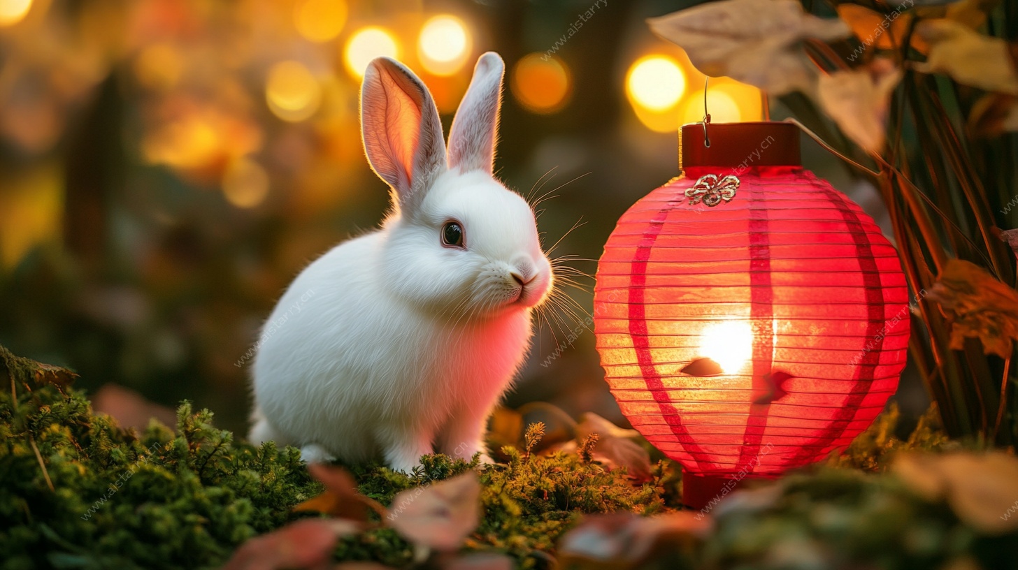 白兔伴红灯温馨秋景图