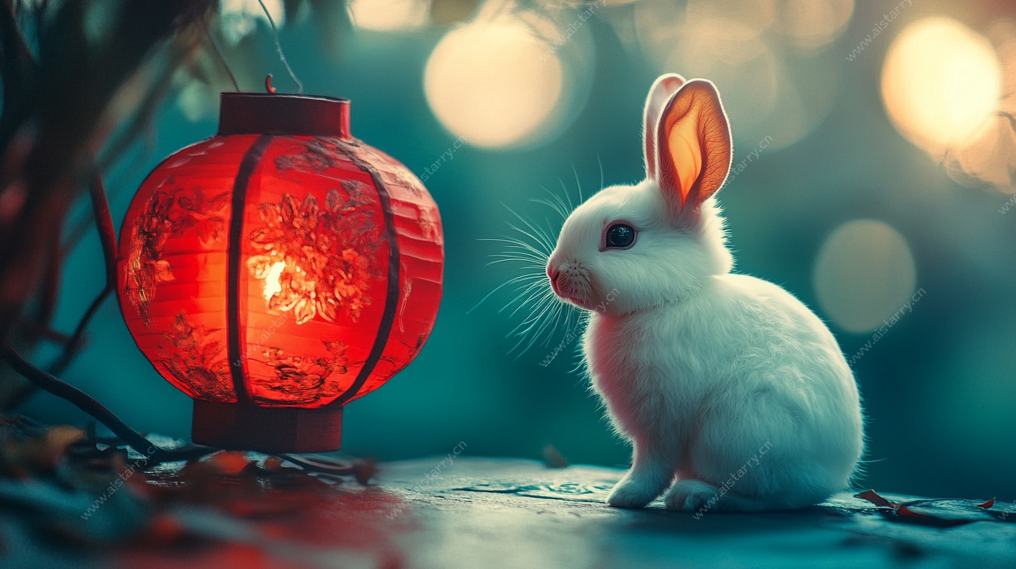 白兔赏红灯意境图