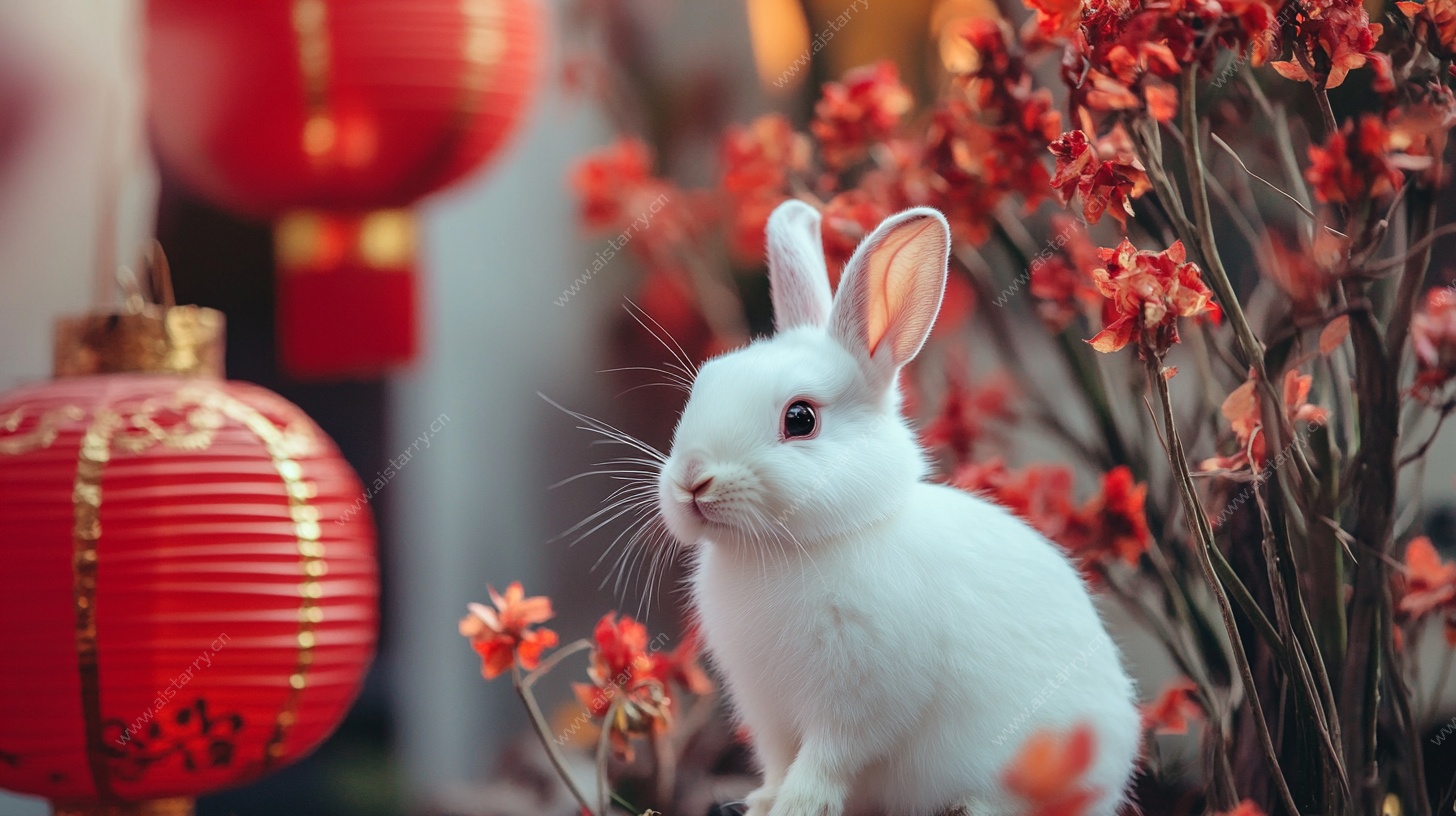 白兔伴红灯 新春好景致