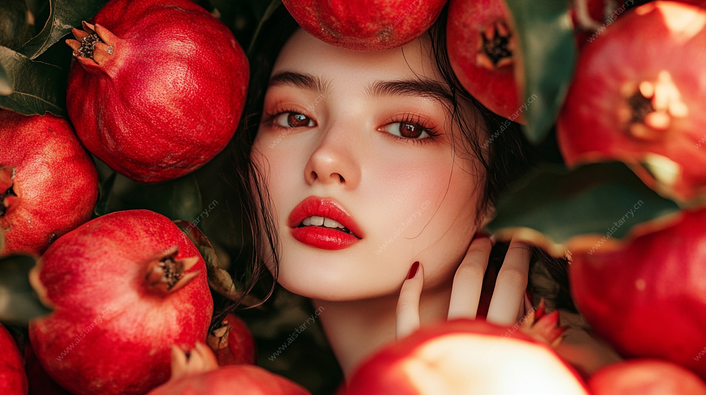 石榴丛中的红唇佳人