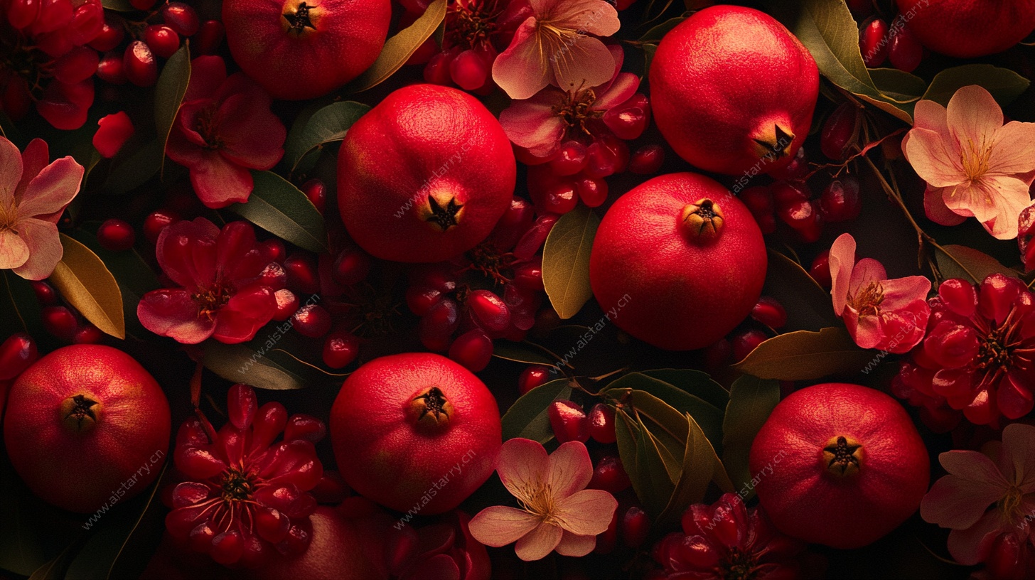 红石榴与繁花的绚丽组合