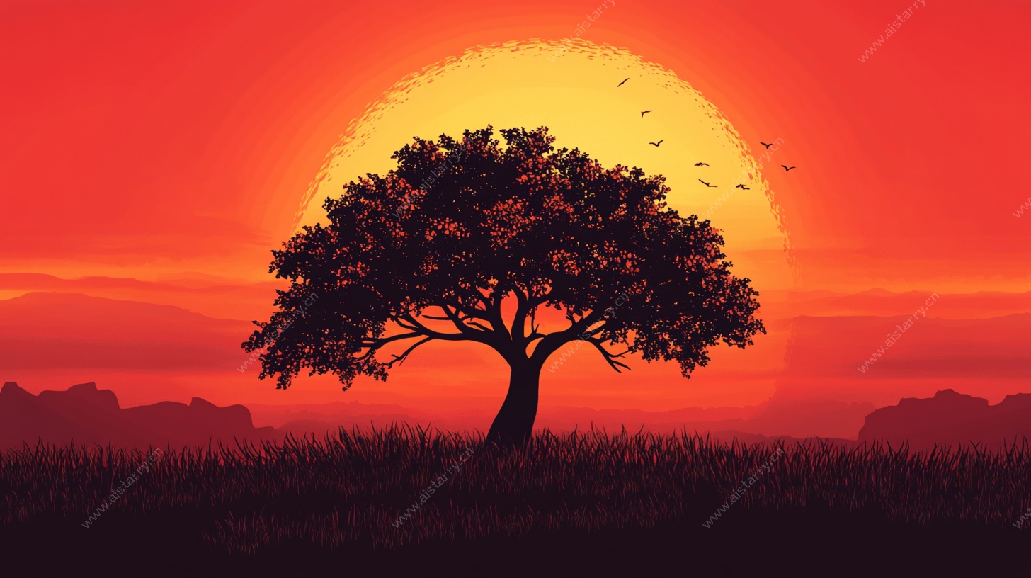 落日下的孤树剪影