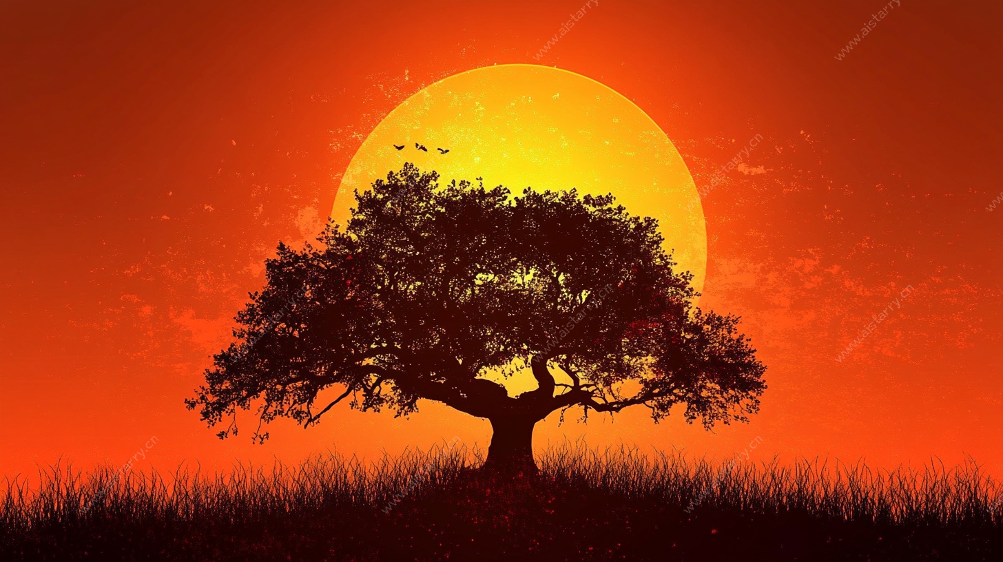 落日下的孤树剪影