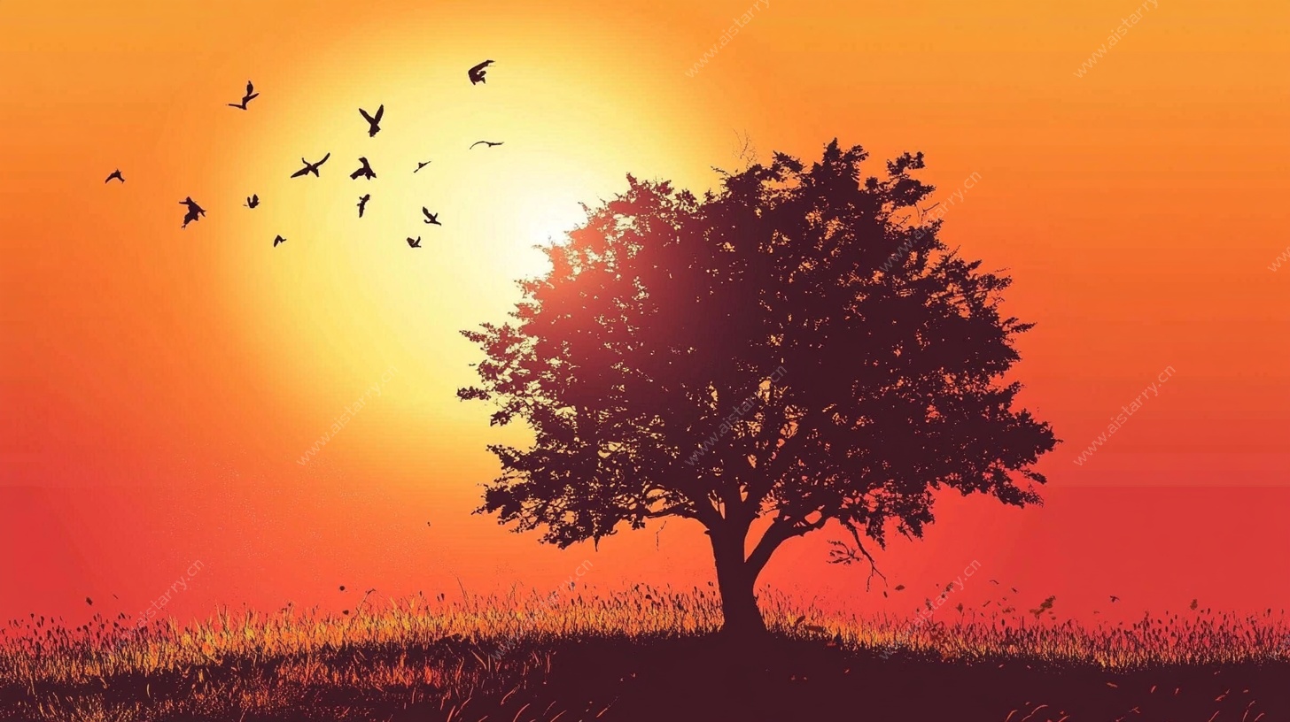 夕阳下的孤树与飞鸟