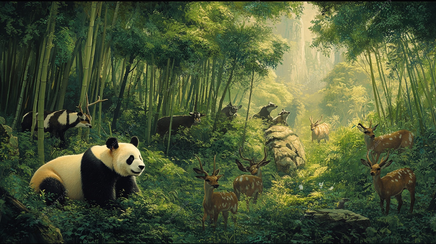 竹林中的动物和谐共处