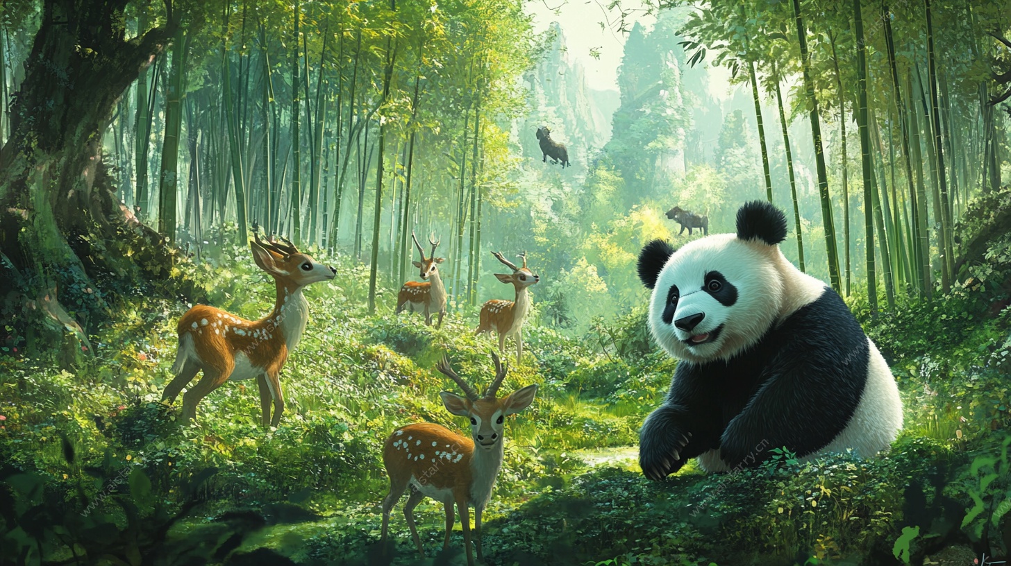 熊猫与鹿的森林奇遇