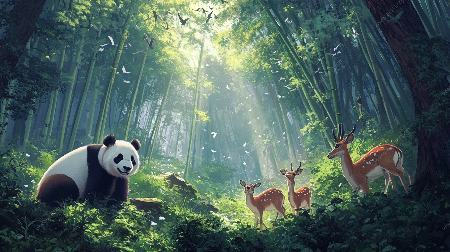 熊猫与鹿的森林奇遇