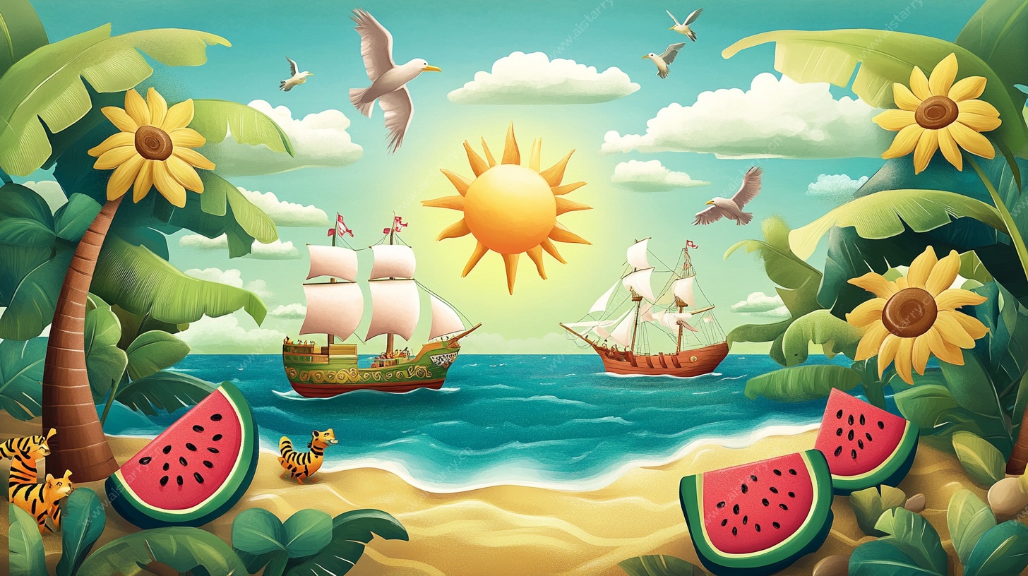 夏日海滨帆船奇幻风景