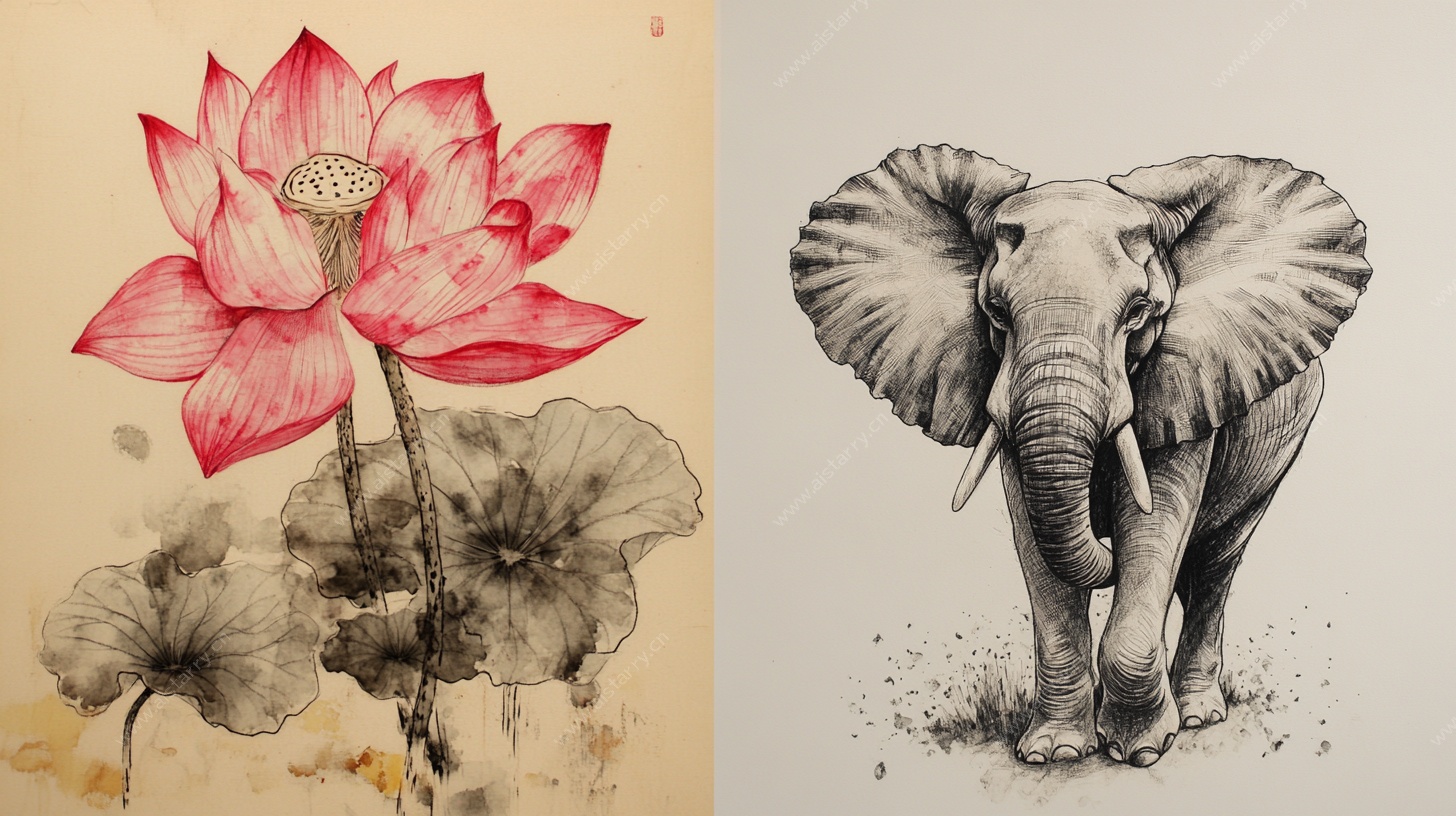 水墨荷花与大象插画