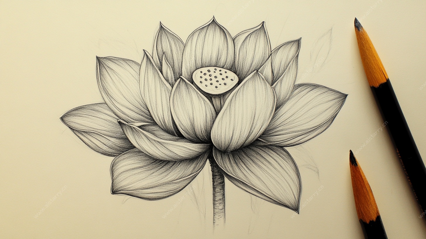 手绘黑白莲花铅笔素描