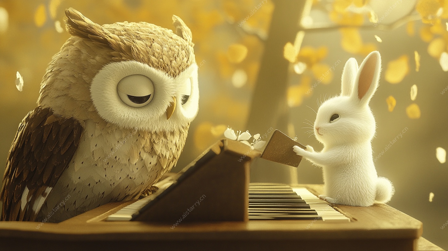 猫头鹰与兔的钢琴温馨时刻