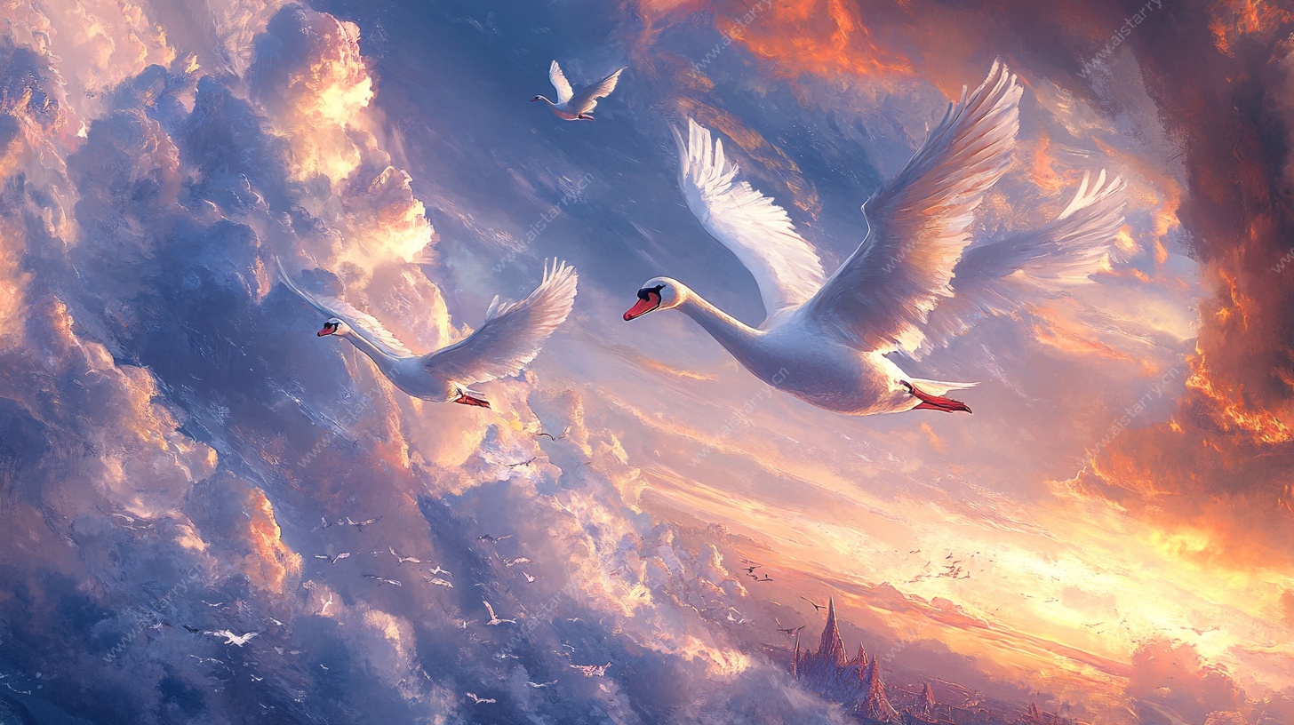 天鹅翱翔于绚烂云霞间